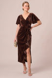Black V-Neck Ruched Ruffled 3D Flower Velvet Dress with Slit