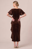Black V-Neck Ruched Ruffled 3D Flower Velvet Dress with Slit