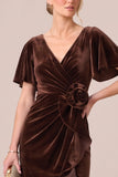 Black V-Neck Ruched Ruffled 3D Flower Velvet Dress with Slit