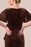 Black V-Neck Ruched Ruffled 3D Flower Velvet Dress with Slit
