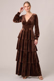 Brown Velvet Tiered Ruffled A Line Long Sleeve Formal Dress