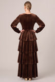Brown Velvet Tiered Ruffled A Line Long Sleeve Formal Dress