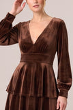 Brown Velvet Tiered Ruffled A Line Long Sleeve Formal Dress
