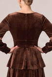 Brown Velvet Tiered Ruffled A Line Long Sleeve Formal Dress