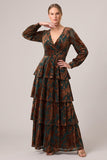 Brown Velvet Tiered Ruffled A Line Long Sleeve Formal Dress