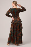 Brown Velvet Tiered Ruffled A Line Long Sleeve Formal Dress