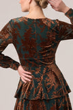 Brown Velvet Tiered Ruffled A Line Long Sleeve Formal Dress
