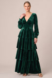 Brown Velvet Tiered Ruffled A Line Long Sleeve Formal Dress