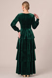 Brown Velvet Tiered Ruffled A Line Long Sleeve Formal Dress