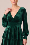 Brown Velvet Tiered Ruffled A Line Long Sleeve Formal Dress