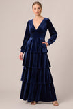 Brown Velvet Tiered Ruffled A Line Long Sleeve Formal Dress