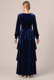 Brown Velvet Tiered Ruffled A Line Long Sleeve Formal Dress