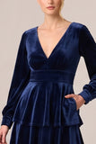 Brown Velvet Tiered Ruffled A Line Long Sleeve Formal Dress