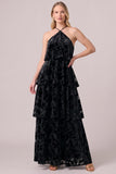 Halter Burnout Velvet Black Tiered Ruffled A Line Formal Dress