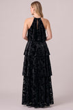 Halter Burnout Velvet Black Tiered Ruffled A Line Formal Dress