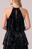 Halter Burnout Velvet Black Tiered Ruffled A Line Formal Dress