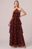 Halter Burnout Velvet Black Tiered Ruffled A Line Formal Dress