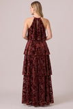 Halter Burnout Velvet Black Tiered Ruffled A Line Formal Dress