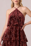 Halter Burnout Velvet Black Tiered Ruffled A Line Formal Dress