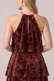 Halter Burnout Velvet Black Tiered Ruffled A Line Formal Dress