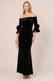 Off the Shoulder Black Velvet Mermaid Long Formal Dress with 3/4 Sleeves