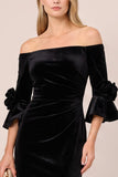 Off the Shoulder Black Velvet Mermaid Long Formal Dress with 3/4 Sleeves