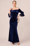 Off the Shoulder Black Velvet Mermaid Long Formal Dress with 3/4 Sleeves