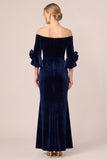 Off the Shoulder Black Velvet Mermaid Long Formal Dress with 3/4 Sleeves