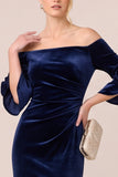 Off the Shoulder Black Velvet Mermaid Long Formal Dress with 3/4 Sleeves
