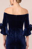Off the Shoulder Black Velvet Mermaid Long Formal Dress with 3/4 Sleeves