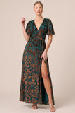 Brown Burnout Velvet V-Neck A Line Maxi Dress with Slit