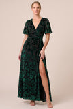 Brown Burnout Velvet V-Neck A Line Maxi Dress with Slit