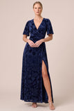Brown Burnout Velvet V-Neck A Line Maxi Dress with Slit