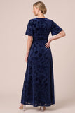 Brown Burnout Velvet V-Neck A Line Maxi Dress with Slit