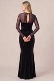 Black Mermaid Long Sleeve Velvet Formal Dress with Keyhole Back