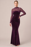 Black Mermaid Long Sleeve Velvet Formal Dress with Keyhole Back