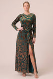 Brown A Line Long Sleeve Burnout Velvet Dress with Slit