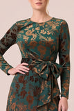 Brown A Line Long Sleeve Burnout Velvet Dress with Slit