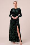 Brown A Line Long Sleeve Burnout Velvet Dress with Slit