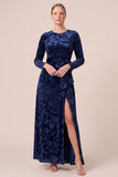 Brown A Line Long Sleeve Burnout Velvet Dress with Slit