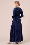 Brown A Line Long Sleeve Burnout Velvet Dress with Slit