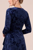 Brown A Line Long Sleeve Burnout Velvet Dress with Slit