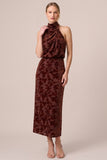 Halter Espresso Burnout Velvet Sheath Midi Formal Dress
