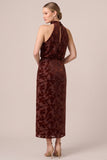 Halter Espresso Burnout Velvet Sheath Midi Formal Dress