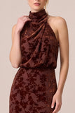 Halter Espresso Burnout Velvet Sheath Midi Formal Dress