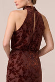 Halter Espresso Burnout Velvet Sheath Midi Formal Dress