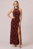Espresso Halter Sheath Burnout Velvet Dress with Slit