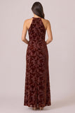 Espresso Halter Sheath Burnout Velvet Dress with Slit