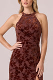 Espresso Halter Sheath Burnout Velvet Dress with Slit