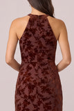 Espresso Halter Sheath Burnout Velvet Dress with Slit